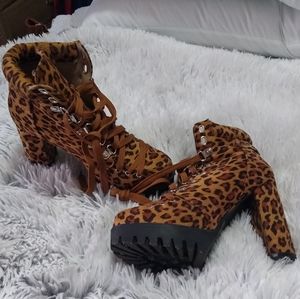 Awesome leopard combat heel boots